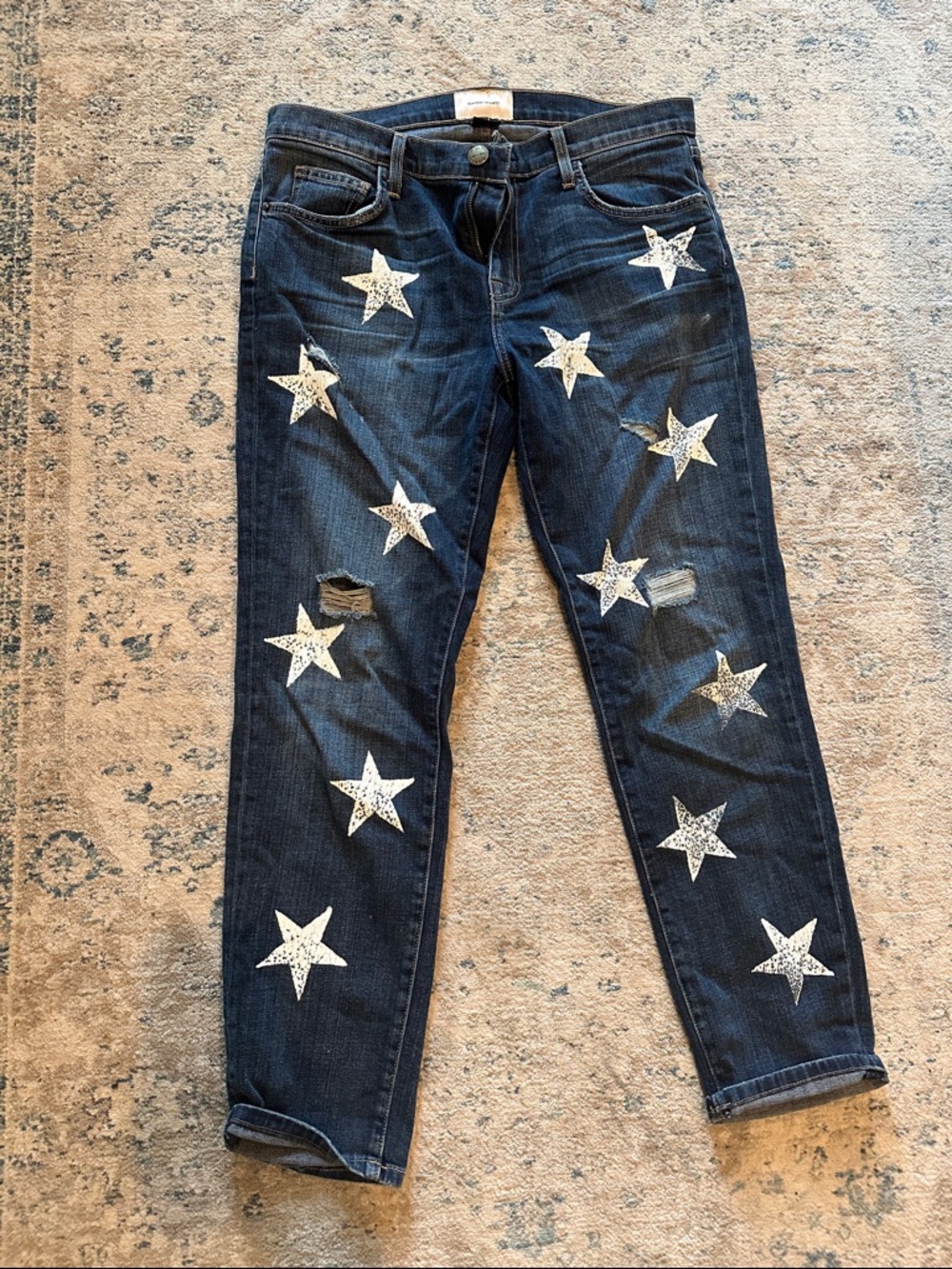 Current/Elliott Dark Blue Straight-Leg Jeans with White Stars